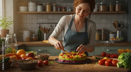 Woman in apron decorates a colorful cake with fresh fruits in a bright and cozy kitchen setting