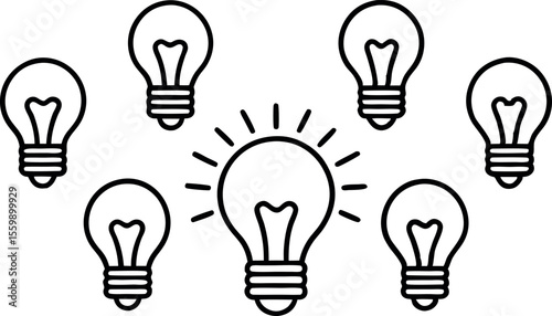 Vector art of a bright lightbulb is surrounded by six unlit lightbulbs, representing a central idea, isolated on white background