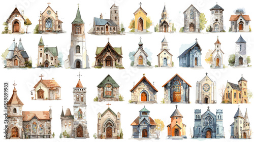 Collection of charming watercolor church illustrations in various architectural styles, featuring doors, towers, and steeples across diverse regions.

