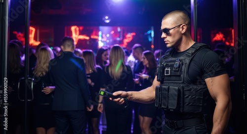 Male security guard with device outside nightclub entrance with crowd