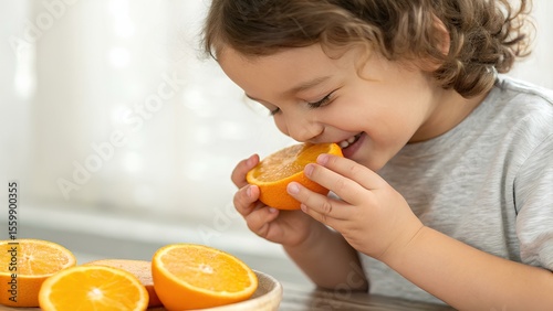 Indoor scene of a curious child wearing a gray shirt smelling a freshly cut orange half at a table with additional orange slices softly lit