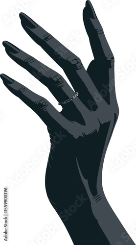 A stylized dark hand with long nails and a delicate ring on the ring finger against white background
