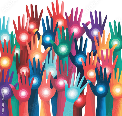 A vibrant illustration of many colorful hands raised with glowing centers on a white background