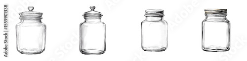 Set of Empty Glass Jars with Lids, Isolated on White