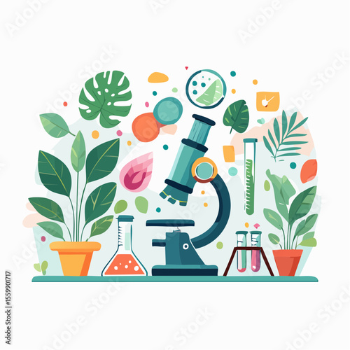 scene of a biology classroom with microscope, plants, cells under observation
