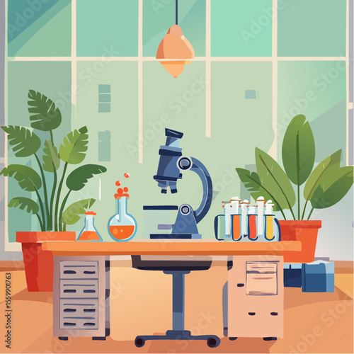 scene of a biology classroom with microscope, plants, cells under observation