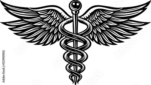 Vector art of a black and white caduceus symbol with wings and snakes isolated on white background