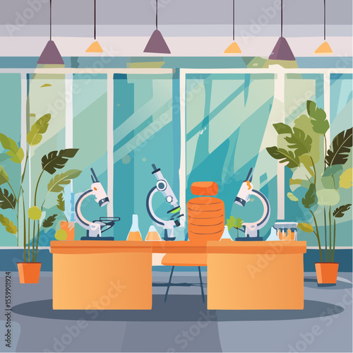 scene of a biology classroom with microscope, plants, cells under observation