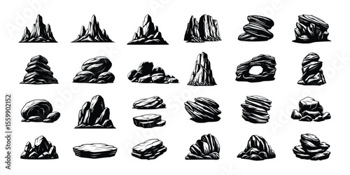 stones and rocks silhouette vector set black and white illustration