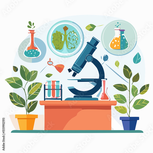 scene of a biology classroom with microscope, plants, cells under observation