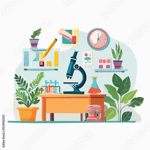 scene of a biology classroom with microscope, plants, cells under observation