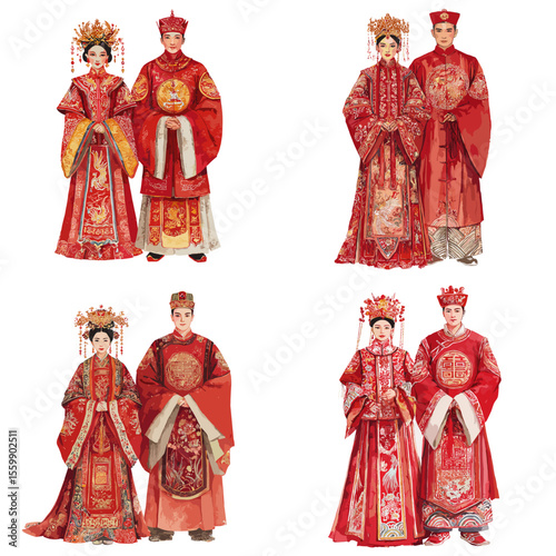 Watercolor illustrations of Chinese wedding couples in red ceremonial dresses with ornate embroidery and traditional headpieces, symbolizing prosperity and love.

