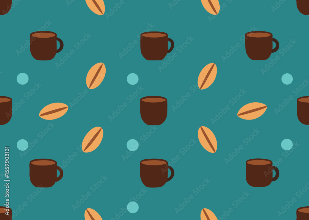 Obraz premium Vector art of a seamless pattern of coffee beans and cups on a teal background