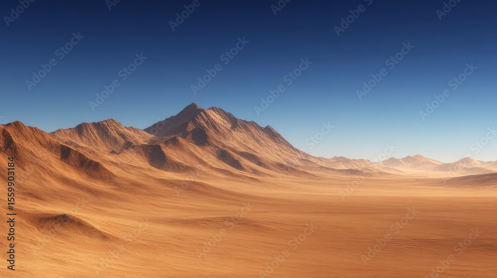 Naklejka premium Expansive Desert Landscape with Majestic Mountains Under a Clear Blue Sky at Dusk