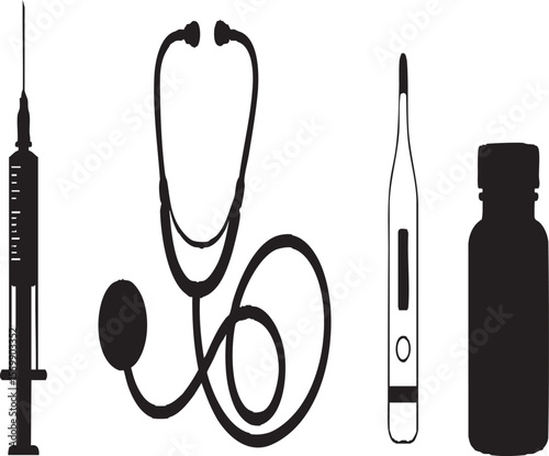 Medical Diagnostic Tools Set: Syringe, Stethoscope, Blood Pressure Monitor & Thermometer Silhouettes

