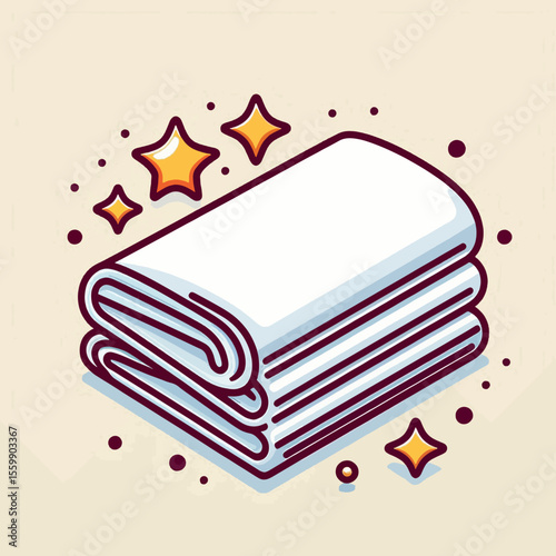 A stack of neatly folded white towels with sparkling stars and dots around them, suggesting cleanliness and freshness.