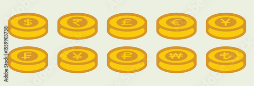 Stack of international currency coins, collection of yellow flat vector forex coins with currency symbols