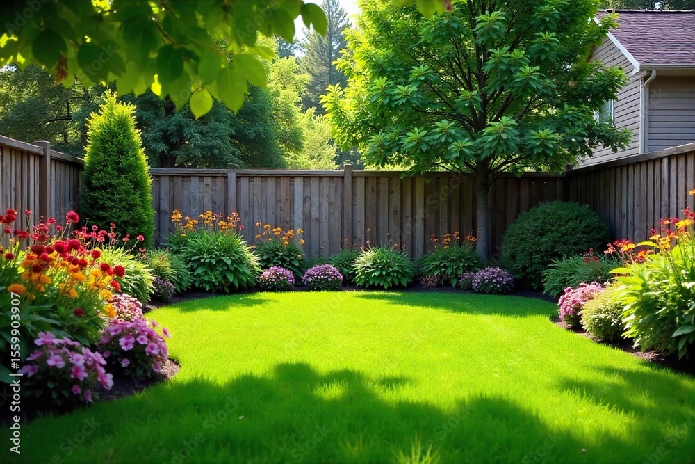 Naklejka premium Serene Backyard Oasis Lush Greenery, Vibrant Blooms, and Wooden Fence Perfect for Relaxation and Family Gatherings