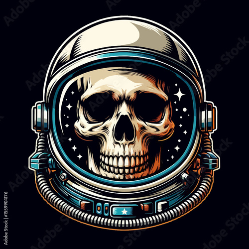 A detailed graphic illustration of a human skull wearing an astronaut's helmet with stars visible in the visor, on a dark background.