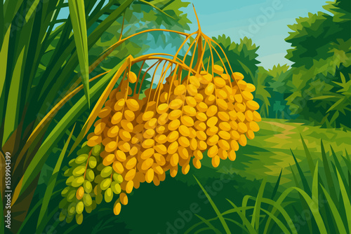 This image is an artistic illustration of ripe yellow dates growing in large, dense clusters on a date palm tree. The bright golden-yellow fruits contrast beautifully with the long, slender green leav