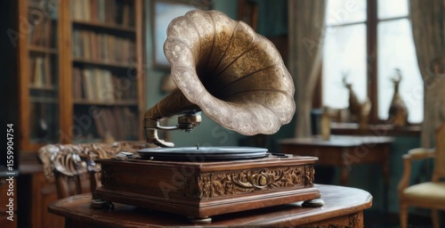 Vintage gramophone on wooden table in welllit room with window, adorned with intricate carvings and ornate horn.