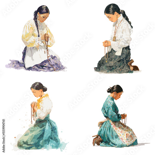 Watercolor illustrations of young women kneeling in prayer with rosaries, expressing devotion, faith, and inner peace in traditional modest clothing.

