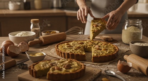 Person taking a slice of pie from a pie on a wooden table with baking ingredients around it photo