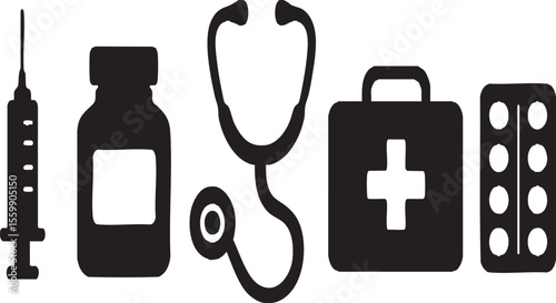 Medical Diagnostic Tools Set: Syringe, Stethoscope, Blood Pressure Monitor & Thermometer Silhouettes

