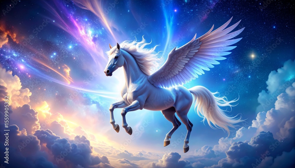 Fototapeta premium Majestic pegasus flying gracefully through the serene sky of an expansive heavenly realm