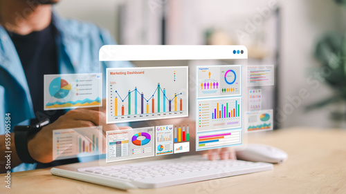 Marketer using digital marketing dashboard with charts, pie graphs, organization chart, and performance data. Concept of business analytics and strategic planning.
