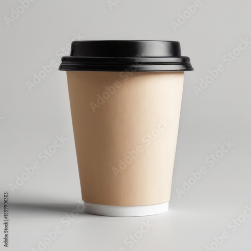 Paper coffee cup with black lid standing on white surface, facing right. Black plastic lid, beige cup on white background.