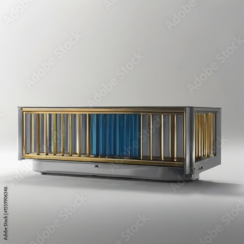 Modern and Minimalist Air Conditioning Unit with Metallic Finish and Colorful Horizontal Bars on White Background