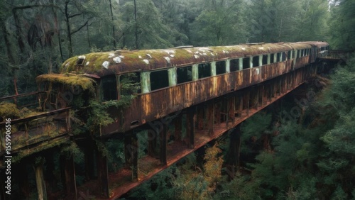 Eerie and desolate old train car covered in moss sits on weathered wooden bridge in dense forest.