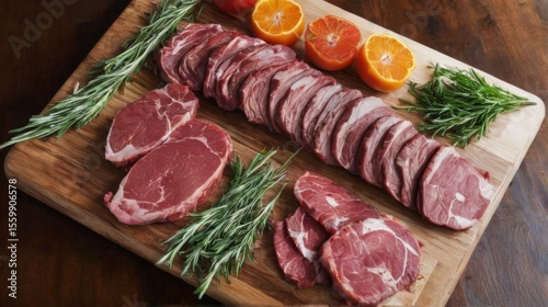 Fresh raw beef on wooden cutting board with herbs and bell peppers, beautifully arranged for cooking inspiration. Blurred background.