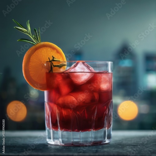 Tall Glass of Red Cocktail with Ice, Orange Slice, Rosemary Garnish, and City Skyline in Dark Moody Setting.