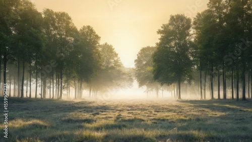 Serene Landscape Scene: Trees in Straight Line, Yellow Sky, Sunlight Through Fog, Peaceful Nature Photography