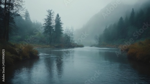 Soft and serene landscape: tranquil river flowing through lush forest with misty mountains in background, creating ethereal calmness.