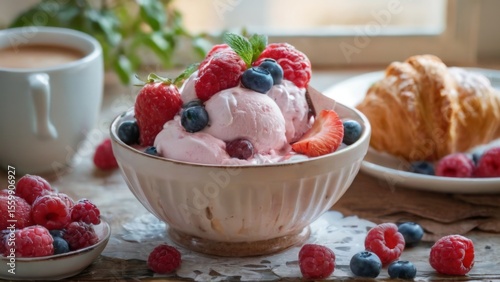 Ice Cream Bowl with Fresh Berries on Wooden Table Next to Croissant and Coffee in Kitchen Setting