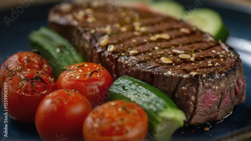Juicy mediumrare steak plated with vibrant garnishes on a blue background.