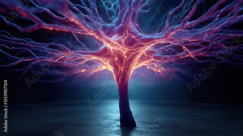Neural module and neuro computing with cortex circuit concept. A vibrant tree with electric branches glowing in vivid colors.