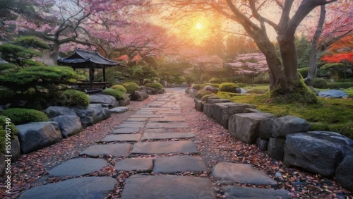 Tranquil Japanese Garden at Sunset with Cherry Blossom Trees, Lanterns, Stone Pathway, and Peaceful Atmosphere