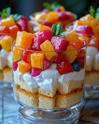 Colorful layered fruit dessert in glass dishes