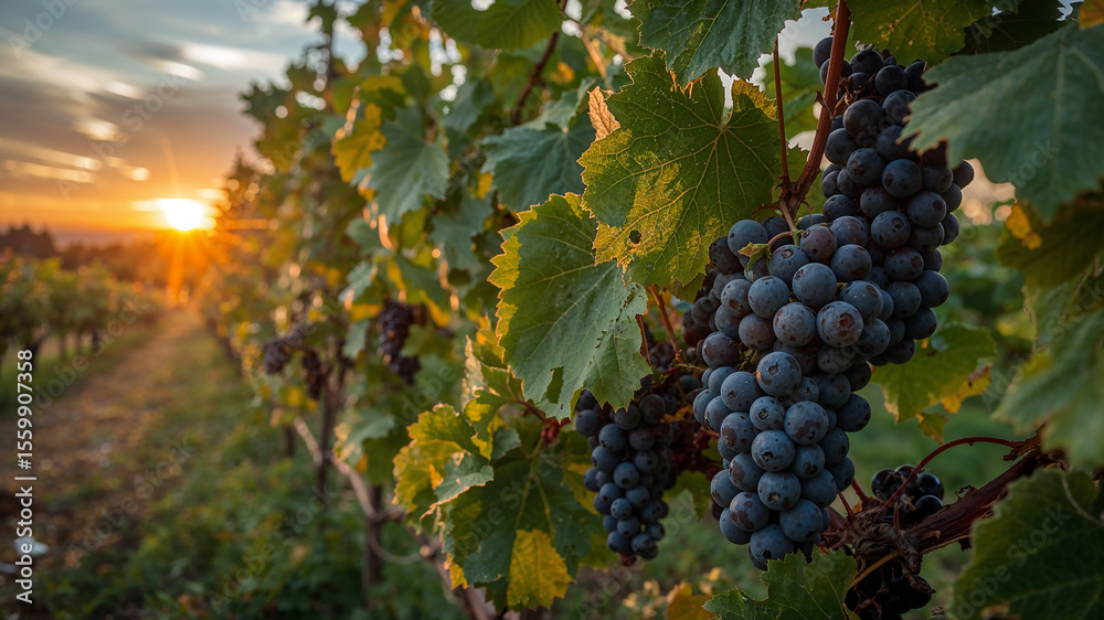 Fototapeta premium Ripe grapes hanging from vine in vineyard at sunset