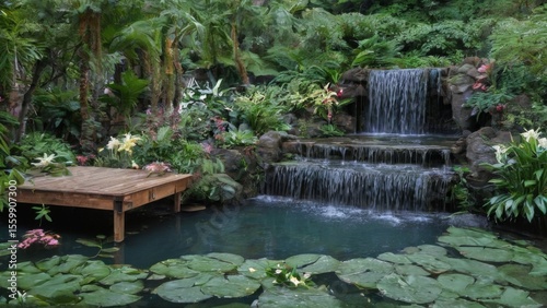 Tranquil garden oasis featuring layered waterfall, lush greenery, wooden pergola with lounge chairs, and serene atmosphere.
