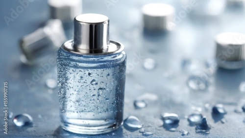 Small glass bottle with silver cap filled with scattered water droplets in various shades of blue on blurred background.