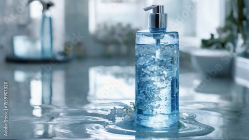 Clear Glass Water Bottle with Silver Pump Dispenser Splashing on Reflective Surface in Bathroom Countertop Setting