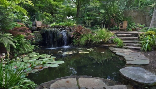 Tranquil garden oasis with waterfall, pond, lush greenery, lily pads, stone pathway, seating area.