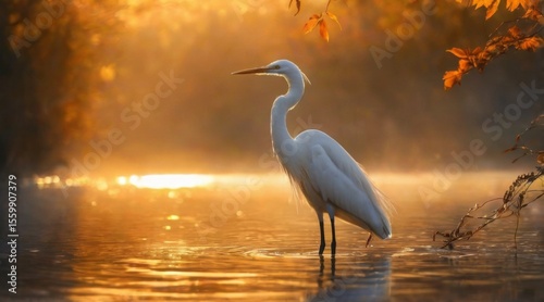 Egret Silhouette at Sunrise: Majestic bird in serene waters, colorful foliage, and warm sun peeking through tranquil landscape.