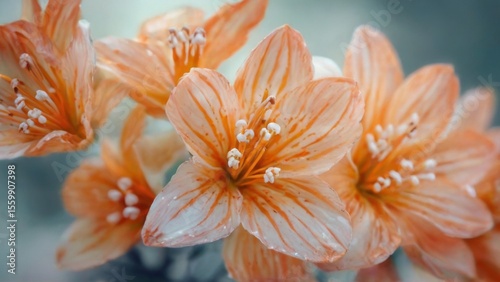 Vibrant orange and white striped flowers in full bloom, showcasing starlike petals with blurred background  beautiful floral display.