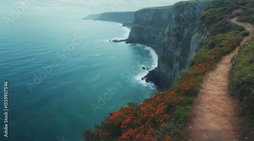 Tranquil Coastal Scene: Cliff with Greenery Overlooking Blue Ocean, Winding Path with Colorful Flowers, People Walking, Cloudy Sky